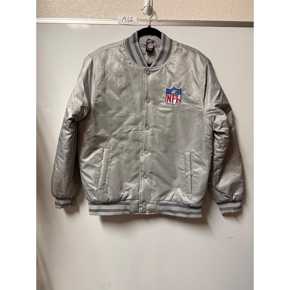 NFL Mens Silver Satin Bomber Jacket Varsity Snap Front Quilted Lining Medium